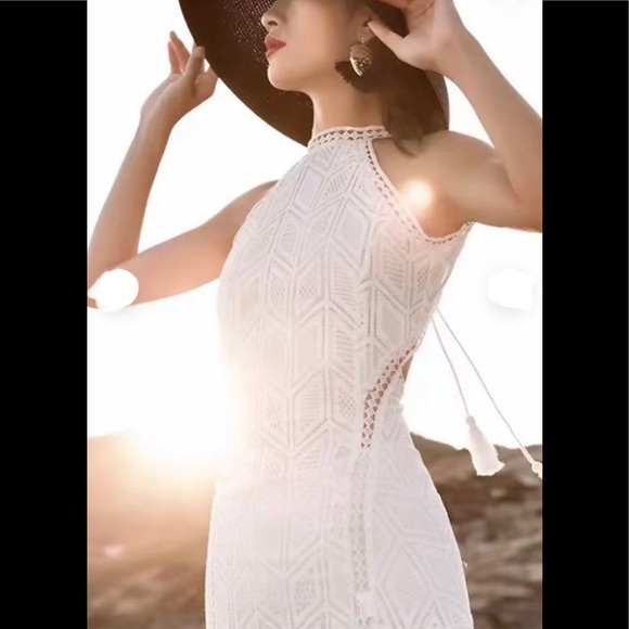 Sexy Haltered Slit Thigh Abstract Lace Long Maxi Dress, Boho Wedding Gown - Picture 3 of 7